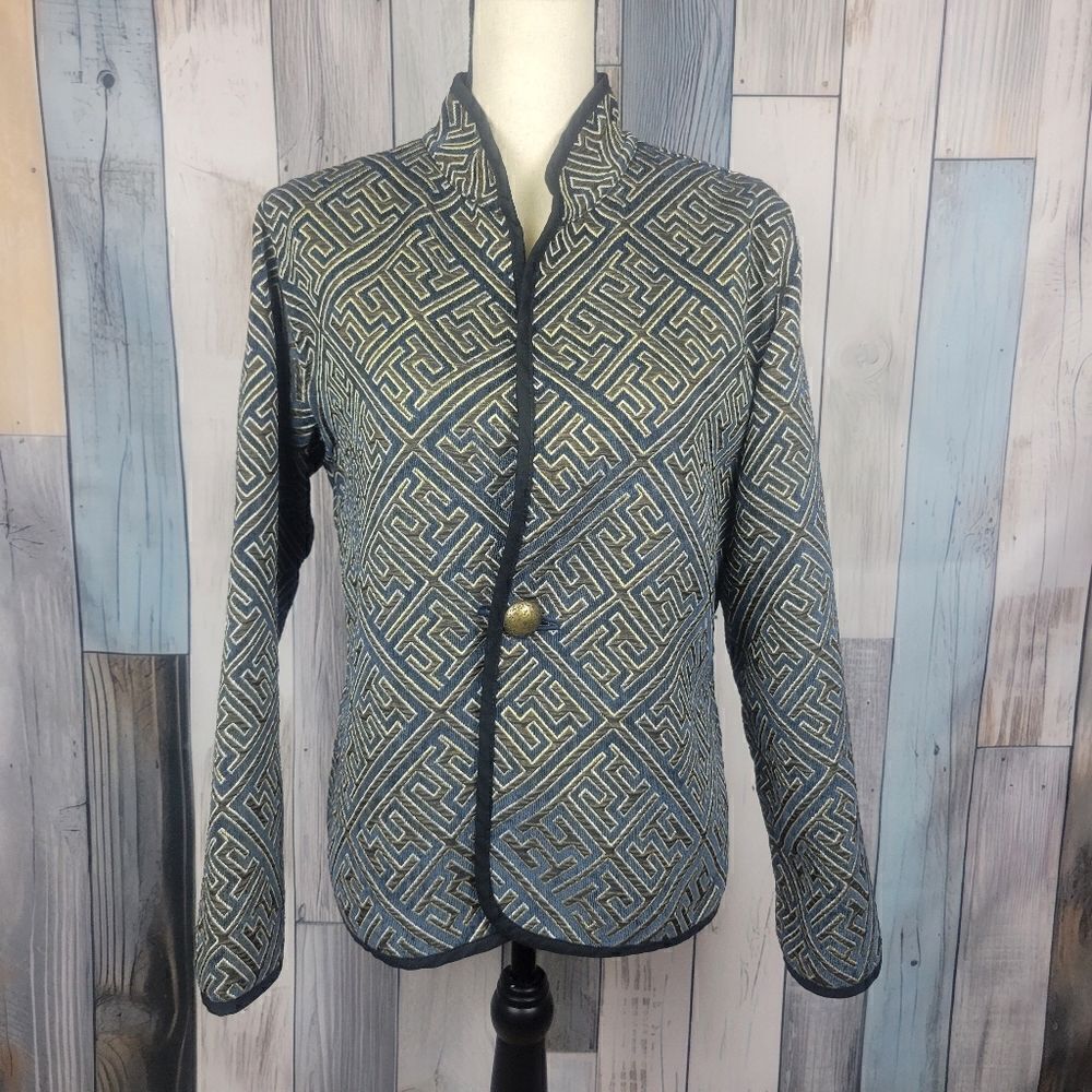 Trimdin Artisan Reversible Tapestry Jacket One Button Blazer Brown Navy size M/L